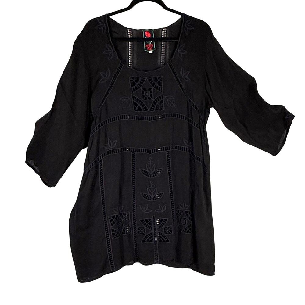 Johnny Was Black Rayon Embroidered Cutwork Tunic Boho 3/4 Sleeve Blouse sz XL